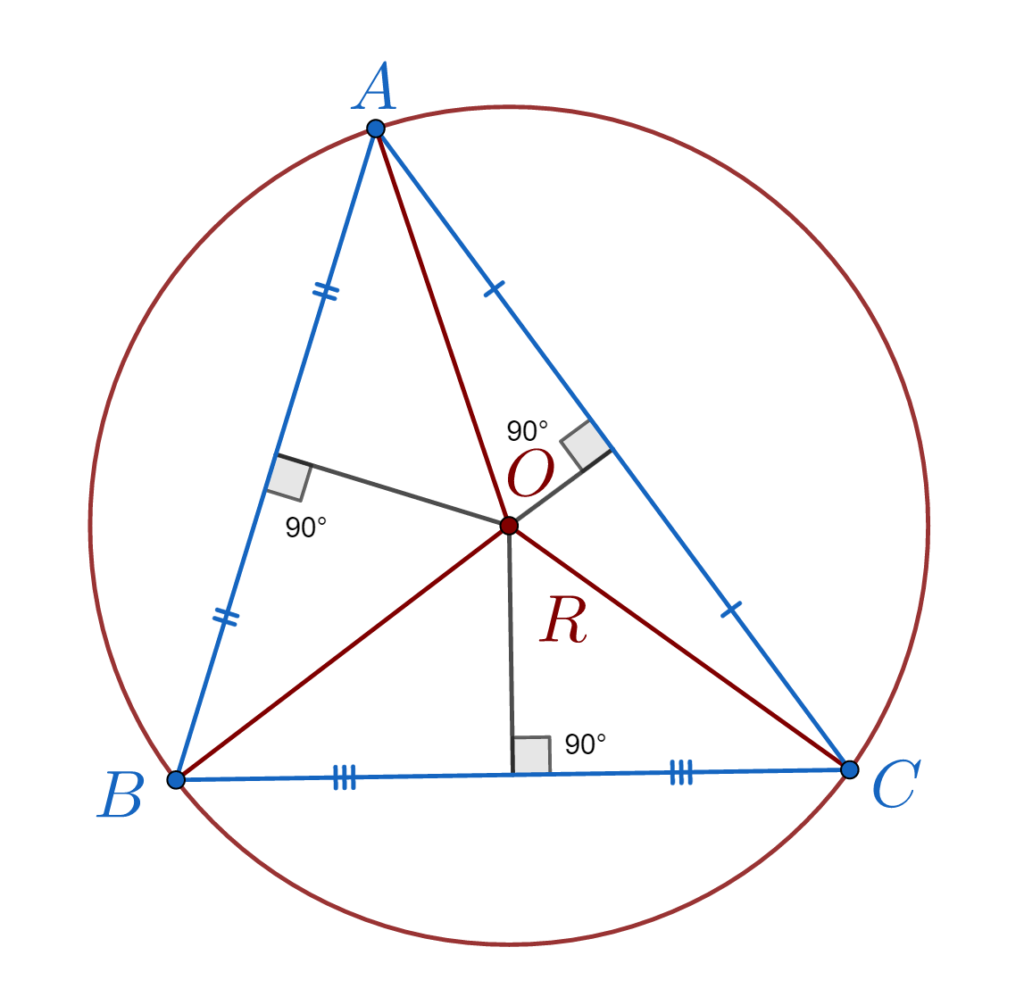 Centrul cercului circumscris  O aflat la intersecți mediatoarelor,  în triunghiul oarecare
