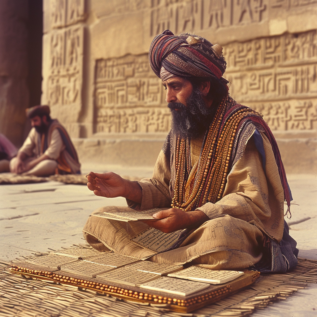 Bărbat din Babilonul antic ce studiază tăblițe de lut ce conțin scriere cuneiformă, poate chiar despre funcții trigonometrice (generat AI)
